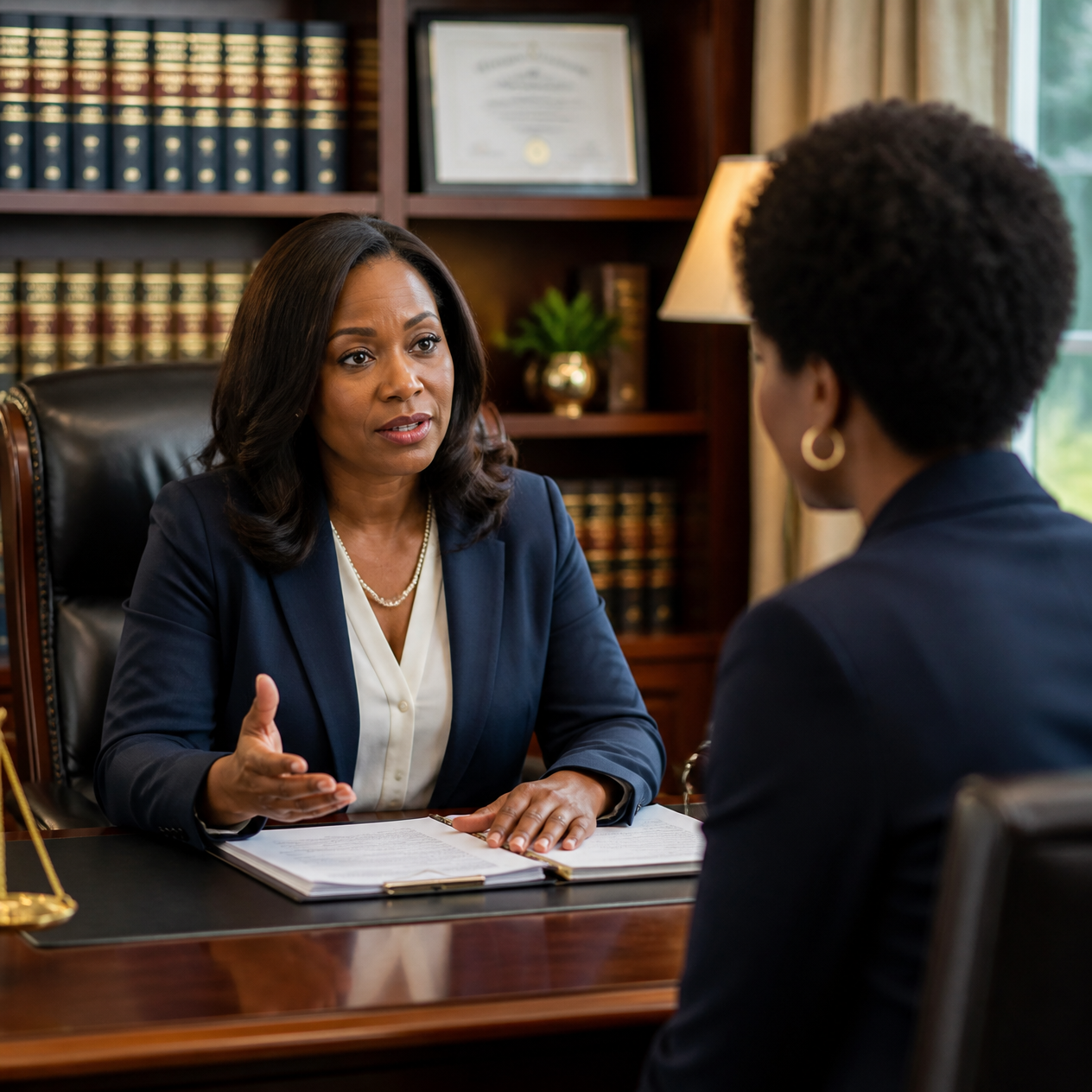 Attorney Carlynn M. Fuller meeting with a client at her law office desk